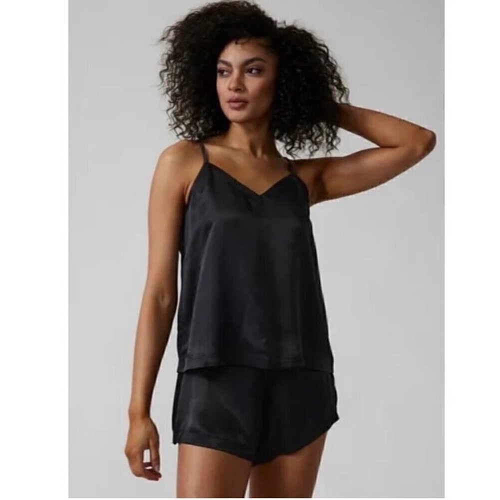 Athleta Calm Cool Sleep Cami‎ Short Set Black Cupro Rayon Pajamas Lounge Medium